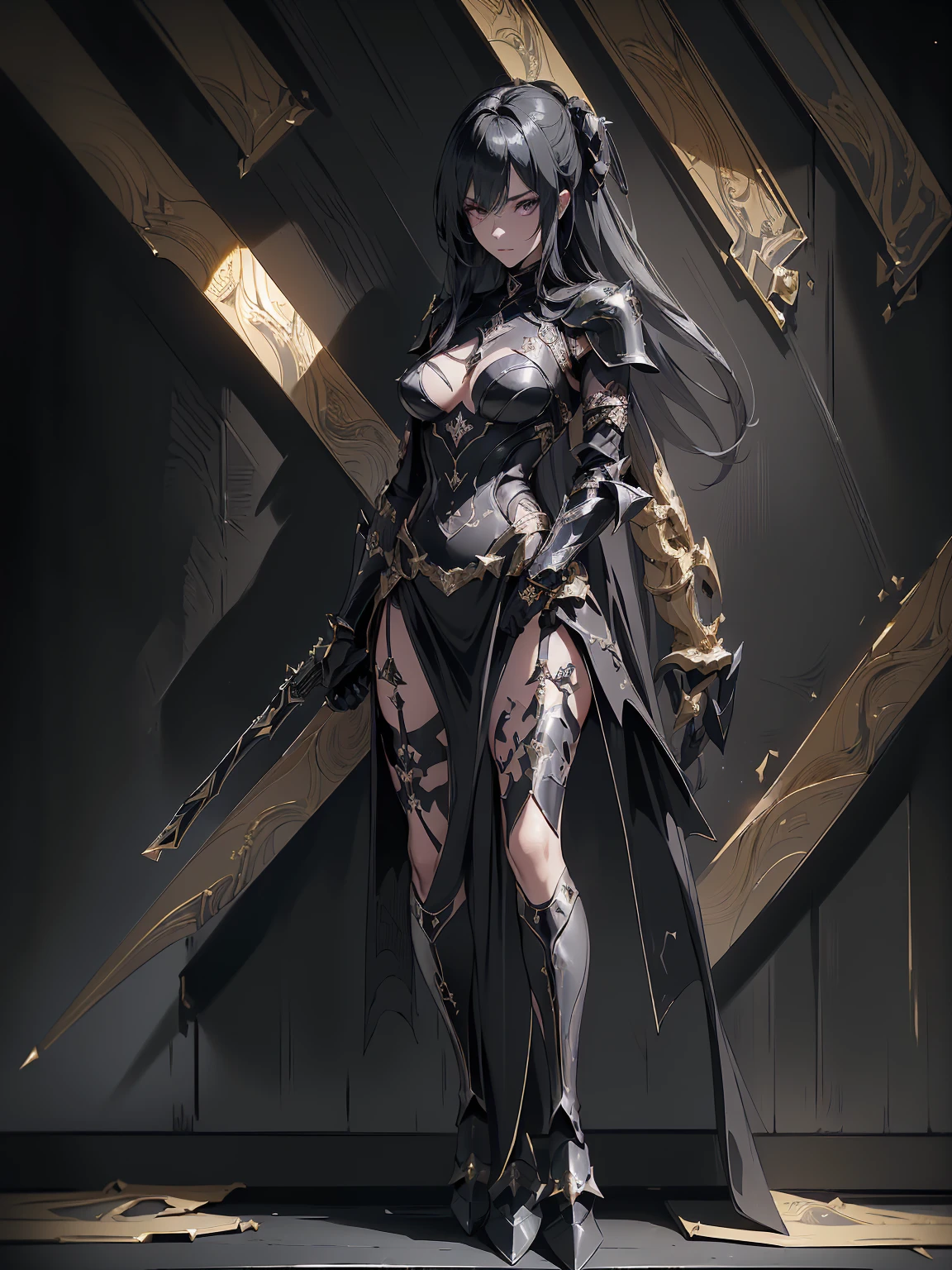 Design a layout showcase Gaming character, (1girl). Black+Gold clothes, opulent and dark, ((showcase weapon:1.4)), cursed blade, (masterpiece:1.2), (best quality), 4k, ultra-detailed, (Step by step design, layout art:1.5), (gloomy lighting, cursed atmosphere), dark knight, ((cursed gloves)), (((revealing armor:1.3))), dark vambraces, cursed boots, (((full_body_shot:1.4)))