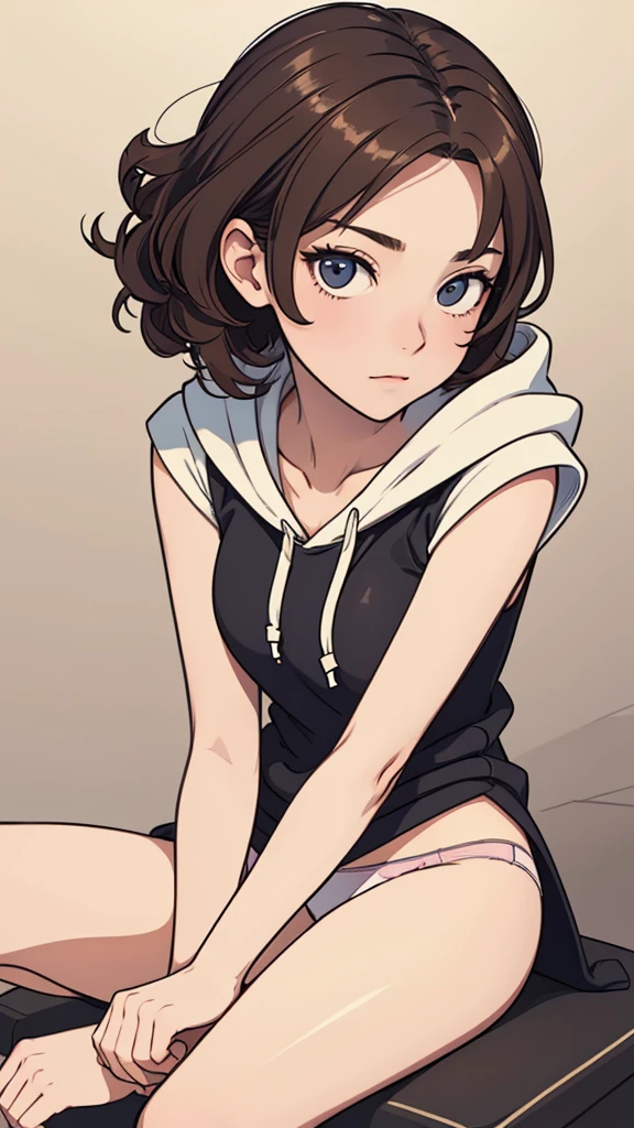 (((masterpiece, best quality, ultra highres, 1 girl, solo, no background))), super detailed skin and face and eyes and finger, beautiful japanese woman, small breasts:1.5, skinny, light brown hair, white background, very short curly pixie hair, (an illustration of girl), Knee shot, Generate with illustrations, Various expressions, Various poses, Please draw the entire character within the frame, ensuring that the head, arms, and legs are not cut off. The background should be simple, with the character positioned centrally, outline, anime, underwear, sitting, hoodie,