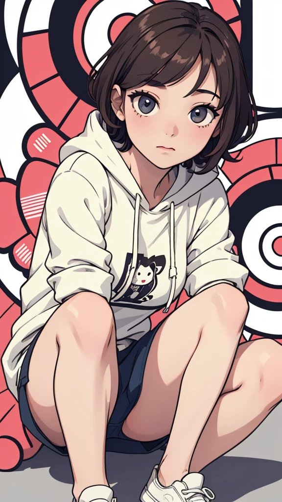 (((masterpiece, best quality, ultra highres, 1 girl, solo, no background))), super detailed skin and face and eyes and finger, beautiful japanese woman, small breasts:1.5, skinny, light brown hair, white background, very short curly pixie hair, (an illustration of girl), Knee shot, Generate with illustrations, Various expressions, Various poses, Please draw the entire character within the frame, ensuring that the head, arms, and legs are not cut off. The background should be simple, with the character positioned centrally, outline, anime, underwear, sitting, hoodie,