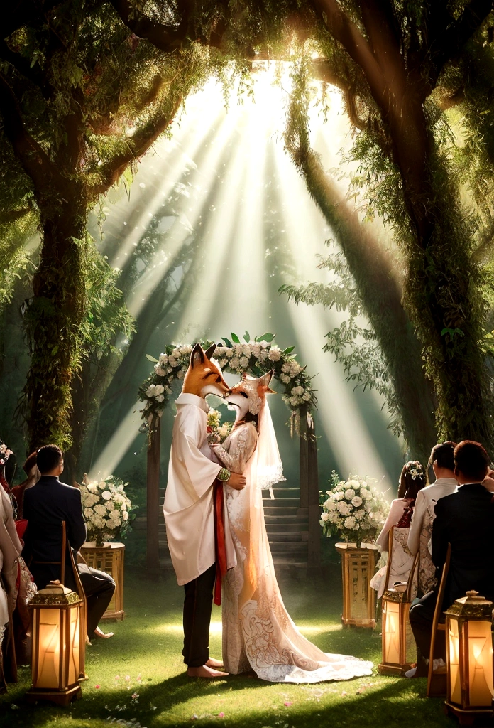 "Beautiful cinematic, realistic characters, ultra-detailed and intricate 3D rendering, vibrant details. Bride and groom wearing fox masks, luxurious kimonos, with people in fox masks and white kimonos with swords in the background. A wedding ceremony deep in the forest, a mystical altar, mist and light rain, sunlight breaking through the clouds."