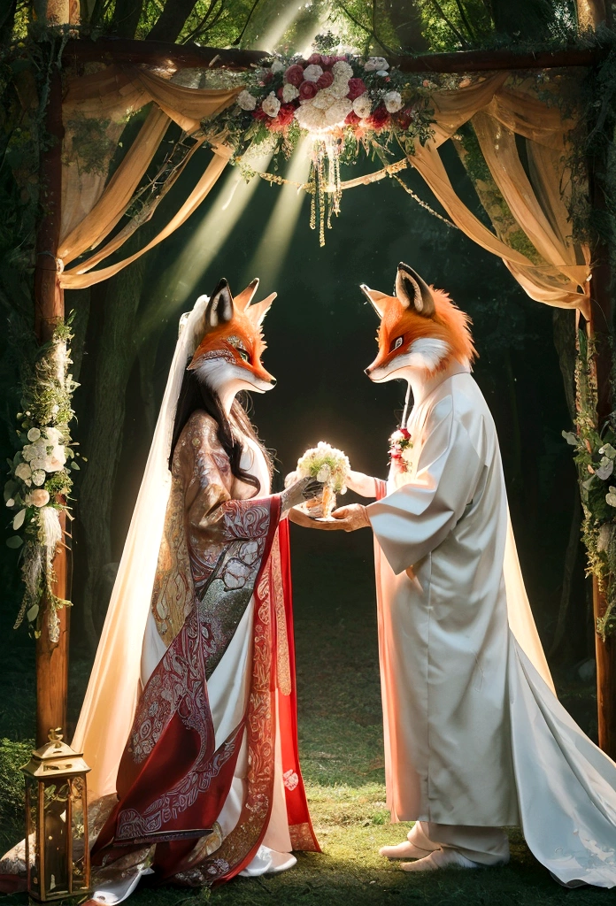 "Beautiful cinematic, realistic characters, ultra-detailed and intricate 3D rendering, vibrant details. Bride and groom wearing fox masks, luxurious kimonos, with people in fox masks and white kimonos with swords in the background. A wedding ceremony deep in the forest, a mystical altar, mist and light rain, sunlight breaking through the clouds."