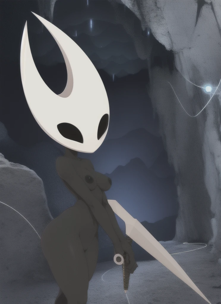 hornet, cute, chibi, no feet, furry female, anthro, needle weapon, thread, standing, solo,beautiful sexy body, medium breasts, medium hips, (best quality), (detailed dark cave background:1.2), looking at viewer, holding weapon, flat colors,