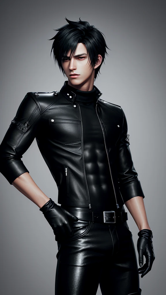 Final fantasy taste and reality graphics, Japanese young cute and cool ikemen  boy, his age is early 20s, thin eyebrows and beady eyes,  he wearing off black color leather thick singlebrest biker jacket, with epaulet,  must close the front of the leather jacket, jacket is biker style, jacket is voluminous, , jacket collar is high length stand-up collar with belts, jacket is a little black line pattern,close the front of the jacket, also wearing black thick turtleneck lackluster shirts,  tight black leather pants, shiny black leather tight and thin glove, black leather knee-high raceup boots,must views  head-to-toe,must views whole body, boy looks like fashion model,Do not show skin from the neck down,leather jacket leather glove and leather pants have few wrinkles,boy in the room,