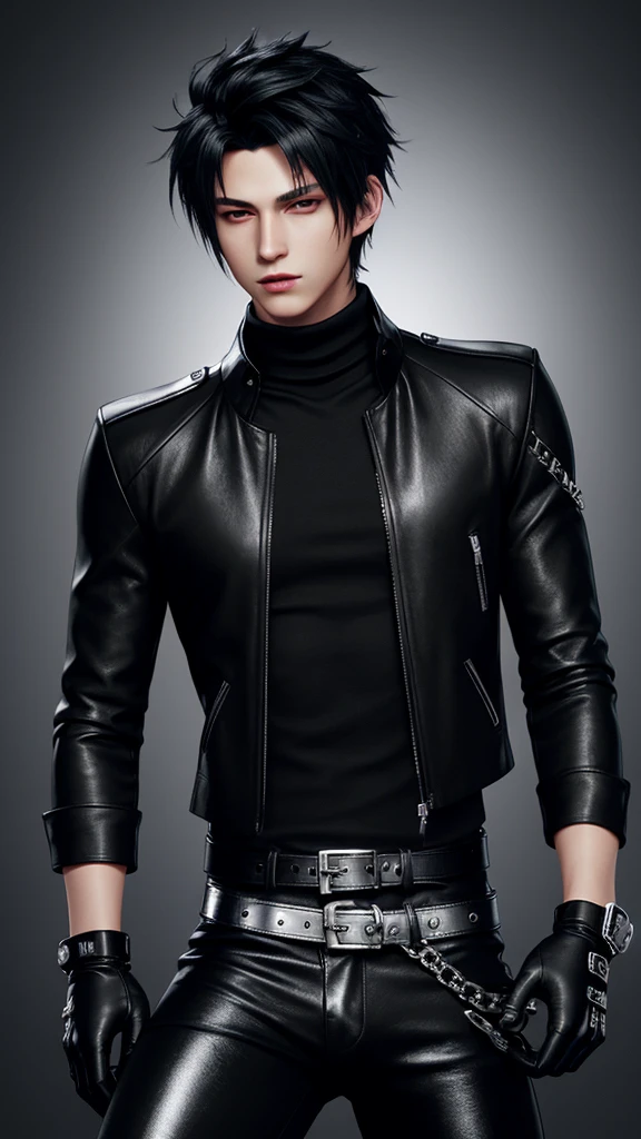 Final fantasy taste and reality graphics, Japanese young cute and cool ikemen  boy, his age is early 20s, thin eyebrows and beady eyes,  he wearing off black color leather thick singlebrest biker jacket, with epaulet,  must close the front of the leather jacket, jacket is biker style, jacket is voluminous, , jacket collar is high length stand-up collar with belts, jacket is a little black line pattern,close the front of the jacket, also wearing black thick turtleneck lackluster shirts,  tight black leather pants, shiny black leather tight and thin glove, black leather knee-high raceup boots,must views  head-to-toe,must views whole body, boy looks like fashion model,Do not show skin from the neck down,leather jacket leather glove and leather pants have few wrinkles,boy in the room,