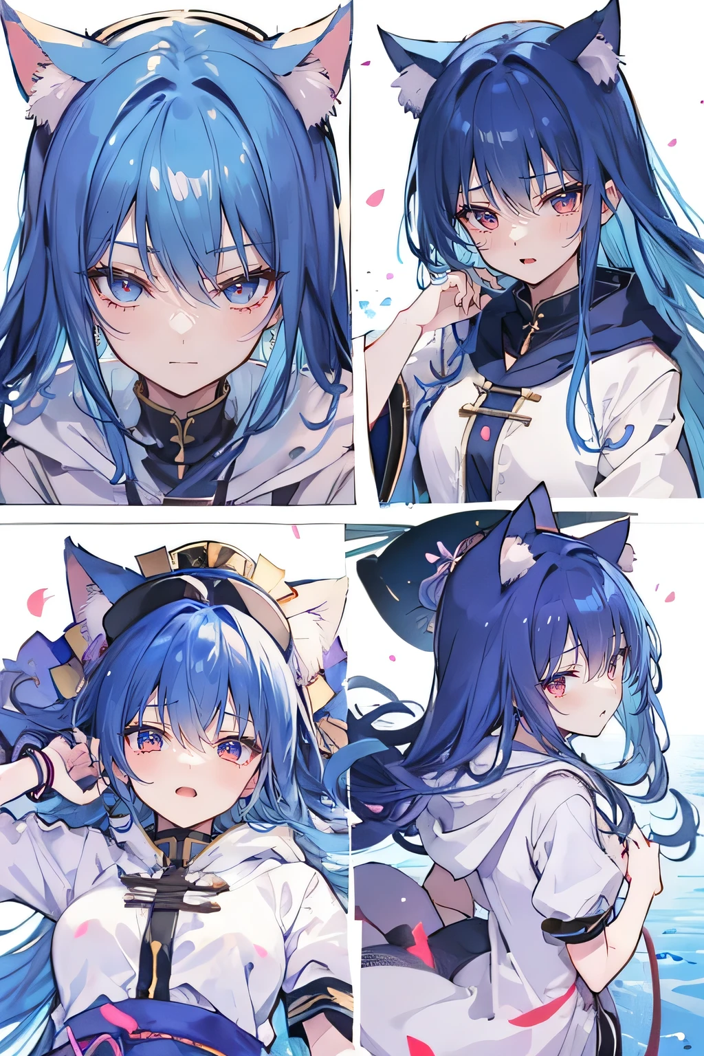(masterpiece:1.2),Super detailed,lifelike,Expressive eyes,fair skin,perfect face shape,1 girl,
Japanese comics,Gorgeous blue hair,flowing blue hair,flowing clothes,Cat ears,Petals fall,beautiful lola,Baby Angel,
Shaking head with one hand,Cross your legs,Gentle and peaceful background,The pavilion is cool and comfortable,smile, wearing hoodie, background of tokyo,back views,snowing, winter,lie on the water,Lying on the ground。