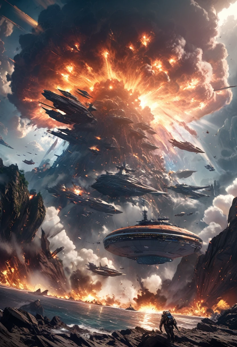 a futuristic epic battle between an advanced alien civilization and human forces, massive alien warships looming over a planet's surface, intense explosions and destruction on the planet, intense atmospheric effects, dramatic lighting, highly detailed and cinematic composition, cinematic camera angles, sense of overwhelming scale and grandeur, rich textures and details, dramatic color palette, volumetric lighting, hyper-realistic and photorealistic, concept art style, matte painting, digital painting, 8K, HDR, cinematic lighting, dramatic shadows and highlights, masterpiece