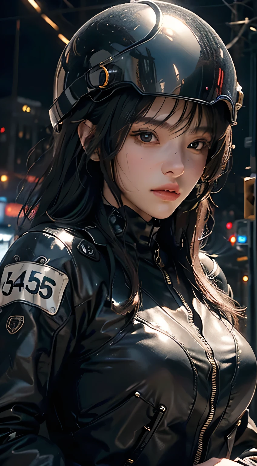 Maximum image quality, outstanding details, ultra high resolution, (realism: 1.4), the best illustration, favor details, 1 very condensed girl, with a delicate and beautiful face, dressed in a black wick and poses , wearing a mecha helmet, holding a directional controller, ride a motorcycle, the background is a high-tech lighting scene of the city of the future.