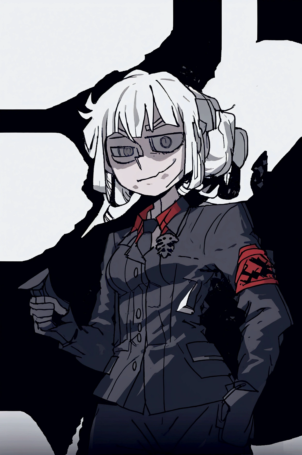 Male character of medium height, military hat with a skull, dark military clothing , whole body