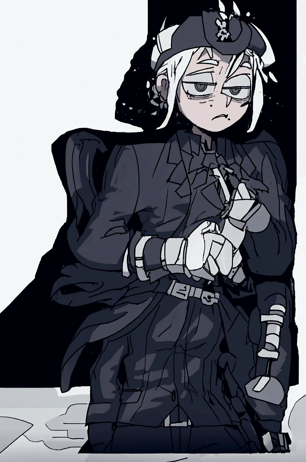 Male character of medium height, military hat with a skull, dark military clothing , whole body