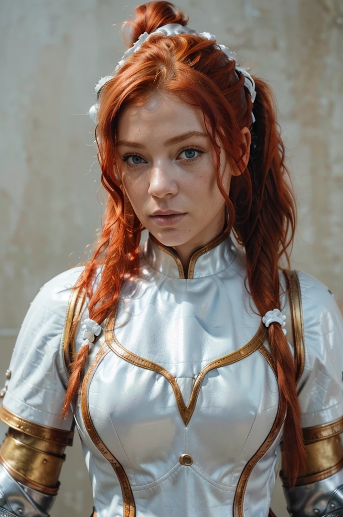 (8k, RAW photo, best quality, masterpiece:1.2), (realistic, photo-realistic:1.4), (extremely detailed CG unity 8k wallpaper), a full body (rogue:1.1) female wearing gold (leather armor:1.3), stiched worn out armor, (insanely detailed:1.5), gold and (white:1.5), Concept art portrait by Greg rutkowski, Artgerm, hyperdetailed intricately detailed gothic art trending on Artstation, fantastical, intricate detail, (small blue highlights:1), (redhead, wavy hair, high ponytail: 1.4)