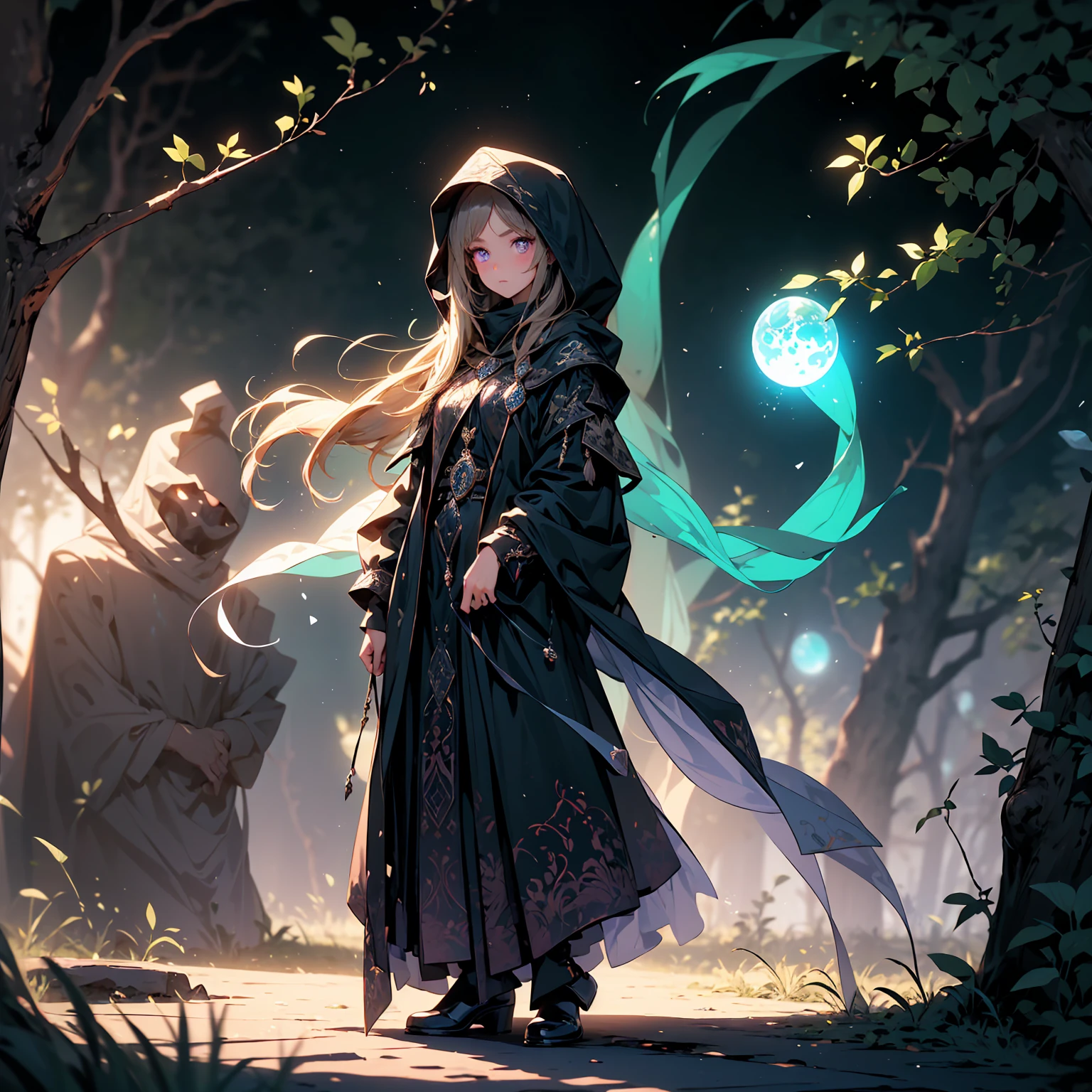 ((full body shot)) of a girl in a dark hooded cloak, standing in a completely dark environment. She is holding a glowing orb of energy in her hands, which emits a soft, ethereal light. Surrounding her are numerous small lights in shades of {blue|purple}, casting a faint glow similar to candlelight. The only illumination comes from the orb and the particles around her. The atmosphere is {mysterious|otherworldly}, with a misty haze drifting around her feet. The ground beneath her is reflective, creating a mirrored effect that adds to the surreal ambiance. Subtle textures of ancient, worn stones and creeping vines can be seen in the background, hinting at a hidden, mystical place. The scene is quiet and enigmatic, with the girl's face partially obscured by the hood, her eyes focused intently on the luminous orb.

[Best quality], [Masterpiece], [Ultra-detailed], [4k], {serene|intense} atmosphere, {mystical forest|ancient ruins}, {dynamic pose|relaxed pose}, complete darkness, {soft shadows|dramatic lighting}, {reflected light on the ground:0.7}, {misty haze:0.6}, {glowing plants:0.5}, {creeping vines:0.4}, {ancient stones:0.3}.

