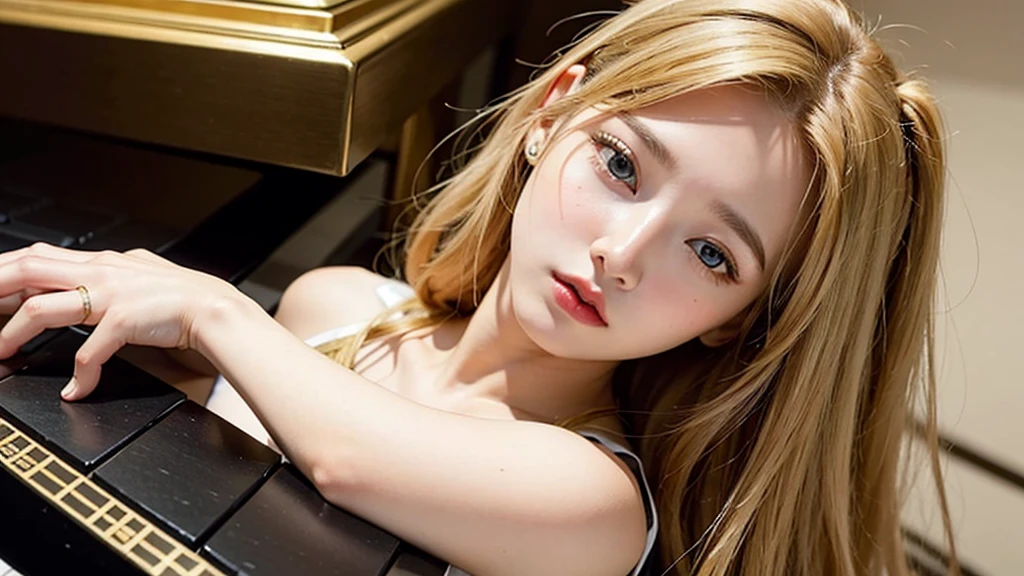 playing piano((best quality, 8k, masterpiece: 1.3)), ((beautiful russian woman)), 1 female, small breasts: 1.3, slim figure: 1.1, toned abs, Blonde semi-long hair, ), Super detailed face, Detailed lips, delicate eyes, double eyelids, Realistic photo