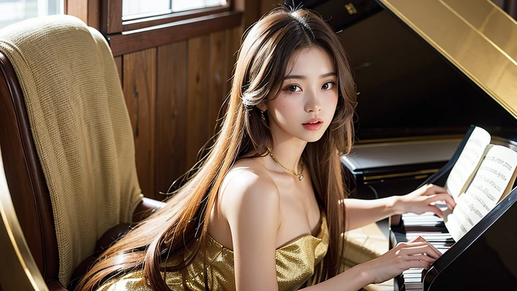 plays piano, 20 years old, long hair, fair skin, beautiful woman, rosian、gold hair 、high quality,