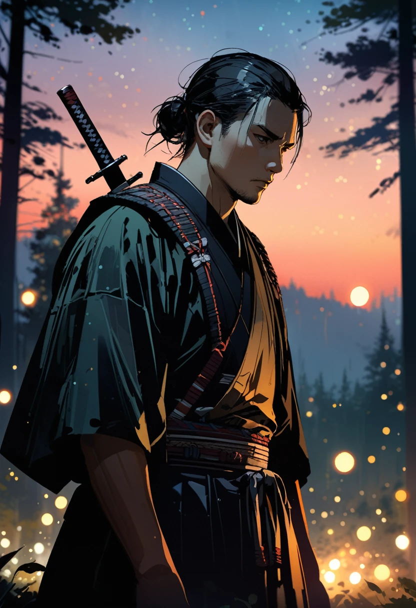 (close up shot:1.5), Japanese samurai warrior, forest glade at night background, (dusk), moonlight, bokeh, (art by jeremy mann and edvard munch), beautiful composition, complimentary colors, masterpiece, award winning