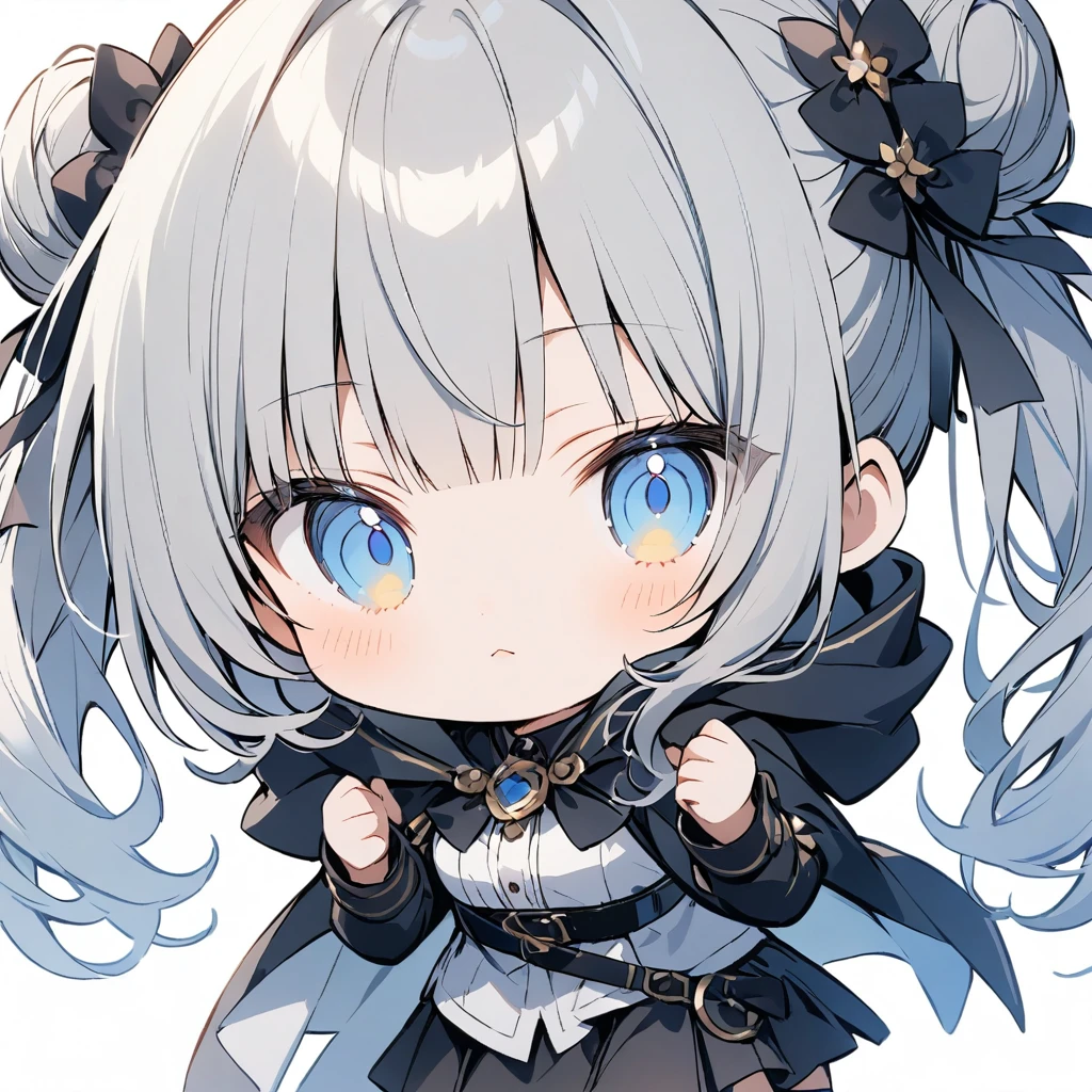 (White background),(Chibi Character:1.4) Third class、solo,full ボディ、Bun hairstyle 、blunt bangs