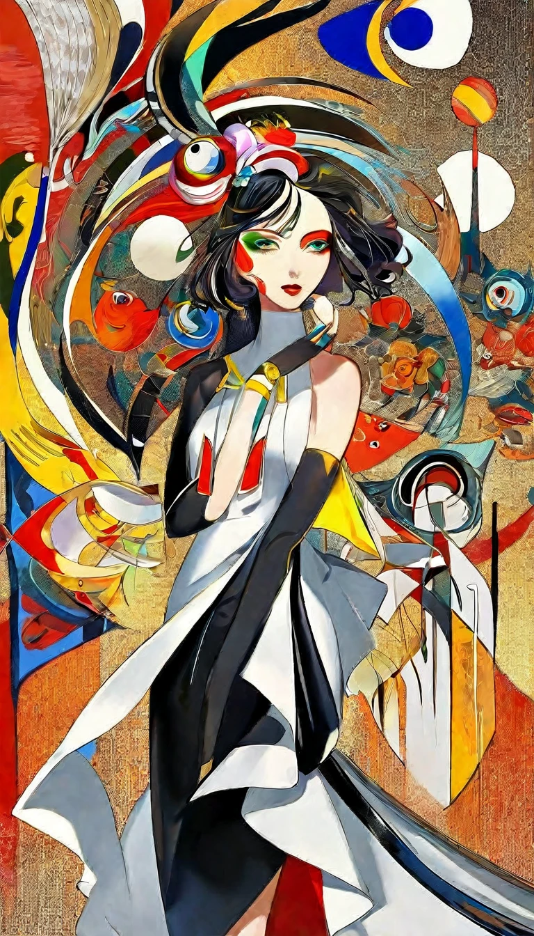 最high quality, high quality, masterpiece, Flat Color, [By horz:Sarah Wolfolk:0.7],
壊す
detailedな美しい顔, Professional fashion portraits of people with innovative makeup, Magic Makeup, Riccardo Tisci,  Unique and complex makeup with random artistic movements, A fusion of impressionism and surrealism, Abstract expressionist elements, Influence of modernism and postmodernism, Forms of Cubism, Futurist Dynamics, Dada Random, Baroque Complexity, art deco elegance, Gothic atmosphere, Renaissance inspiration, Psychedelic Pattern, Avant-garde style, Minimalism vs. Maximalist, vibrant street art, Rococo flourishes, Futuristic Fashion, cutting-edge design, outstanding aesthetic sense, High Fashion Look, Avant-garde attire, Innovative Styling, Stunning beauty, An artistic fashion statement, High-tech fashion, Sleek and elegant design, Visually stunning, Modern Couture, Fashion Forward, Groundbreaking aesthetics, Refined elegance, Trendsetting style, Surreal, Fantasy art, Abstract, Doodle Art, [(detailed:1.2): [ (many small detailed:1.3) : [ (many ultrasmall detailed: 1.2):(非常にdetailedな極小エッジとマイクロレリーフ:1.5):0.7 ]: 0.4 ] :0.2],  