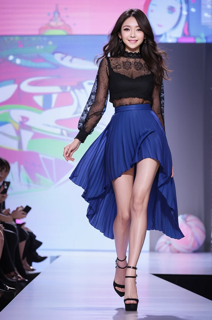 Amazingly large eyes、Smiling face、H cup bust、50cm waist、Slender and fair-skinned、Japan woman with long hair、20-year-old、Slim figure、Wearing a vivid colored, supple pleated skirt and a sheer lace blouse、Wearing high heels。On the runway at a fashion show、Her whole body was shown, from her high heels to her head, as she walked towards the viewer.、Bright, photo-quality images。