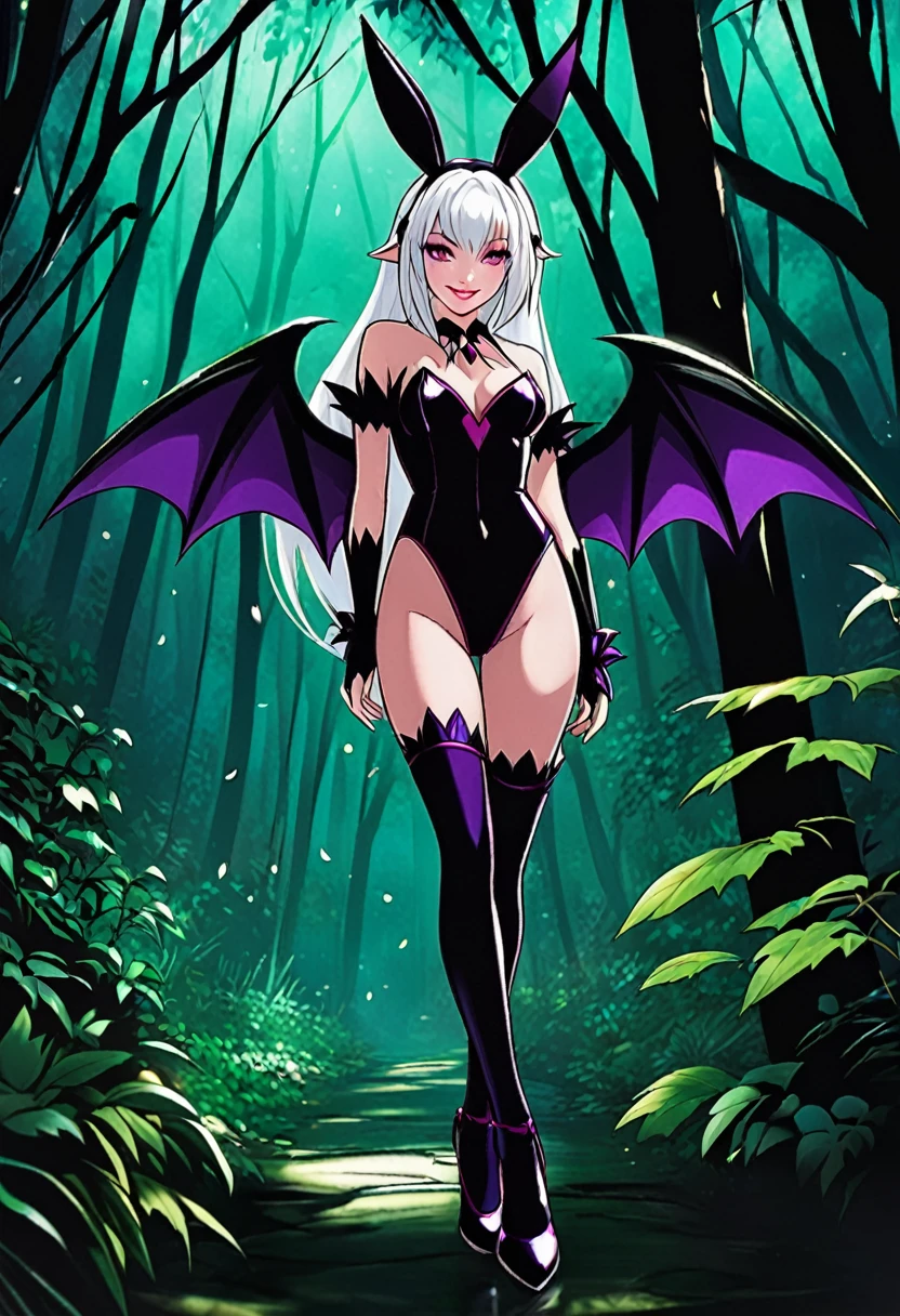 scene: girl posing in the dark forest; character: Morrigan_Aensland, white hair; clothing: bunny playboy girl sexy; emotions: wink, smile; view: full body
