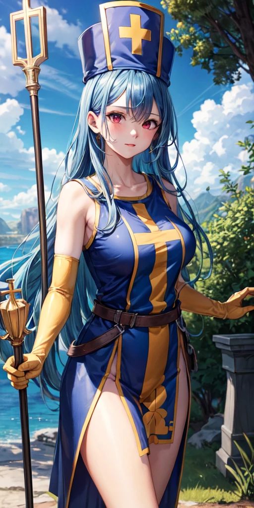 (masterpiece, best quality:1.1), priest \(dq3\), 1girl, solo, long hair, blue hair, red eyes, mitre, tabard, cross print, orange bodysuit, elbow gloves, large breasts, holding, staff, nature, blue sky 