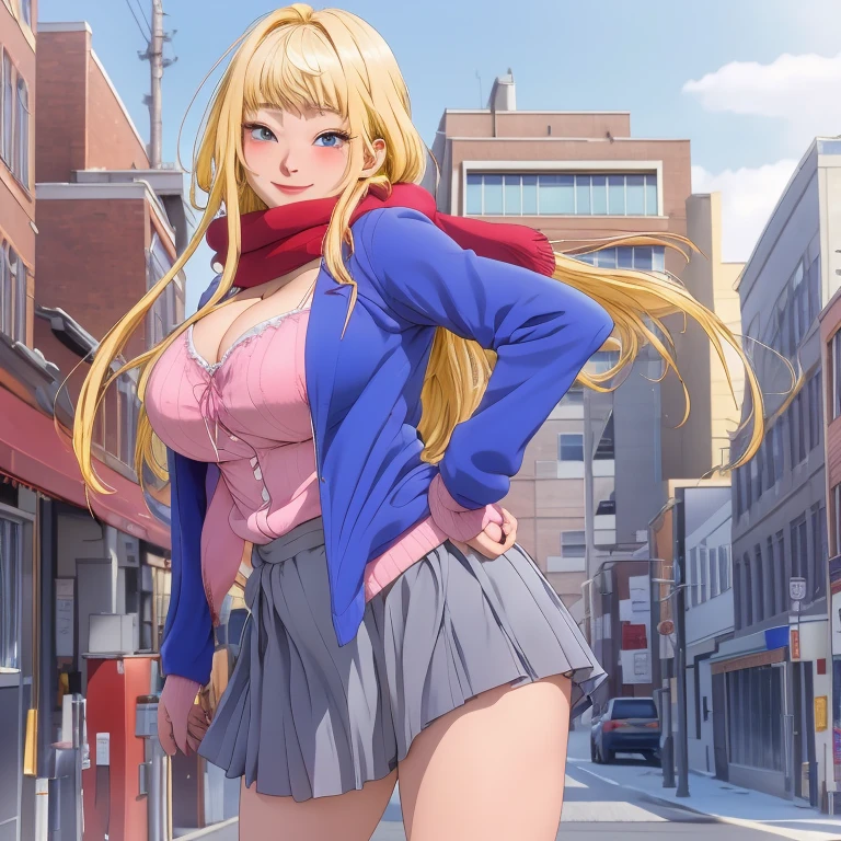 ,(((Full and soft breasts,)))(((Huge breasts))) (((Cleavage))) (Perfect curvy figure), 1 girl, Solitary, Minami Fuyuki, Ahog, Solitary, Blonde hair, Looking at the audience, Smile, Pink cardigan, Neckline, Blue Jacket, Cardigan jacket, red scarf, Pleated Skirt, Gray skirt, City background, street, garden, Hands on Hips, Sky, Dynamic poses, Hands on hips dynamic angle, Large Breasts, Medium waistline, Wide hips, Thigh width, (high resolution: 1.2), (Extremely detailed: 1.2), [High dynamic range lighting], (masterpiece: 1.3), (best quality), high quality, Intricate details, (Extremely detailed CG unity 8k wallpaper: 1.2), The best shadow, (Extremely detailed fine touch: 1.2), (high resolution), (8K), (Extremely detailed), Looking at the audience, look back, From the back, Focus on the butt, Throw (From below) ,(4K), (Pixif), Perfect face, Beautiful eyes and face, (Very detailed), Detailed face and eyes, Textured Skin, absurd, high resolution, Deep skin, Skin Indentation, Excellent hands, Excellent anatomy