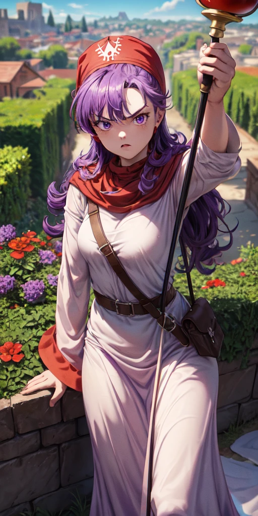 masterpiece, best quality, 4k, 8k, dqPom, red hood, purple hair, robe, cowboy body shot, holding staff, sky, garden, looking at viewer, from above, angry