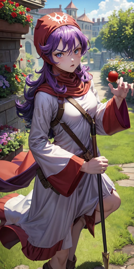 masterpiece, best quality, 4k, 8k, dqPom, red hood, purple hair, robe, cowboy body shot, holding staff, sky, garden, looking at viewer, from above, angry