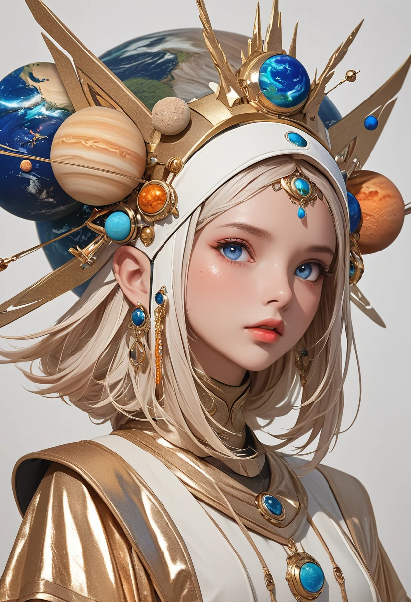(masterpiece, best quality:1.2), 1 beautiful girl，Exquisite facial features，Bright Eyes，Skin details，Exaggerated planet headdress，track，Clean background