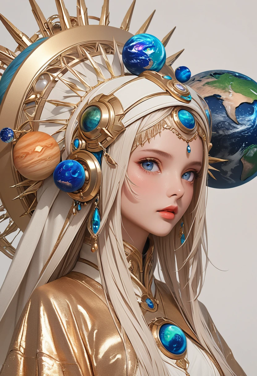 (masterpiece, best quality:1.2), 1 beautiful girl,Exquisite facial features,Bright Eyes,Skin details,Exaggerated planet headdress,track,Clean background