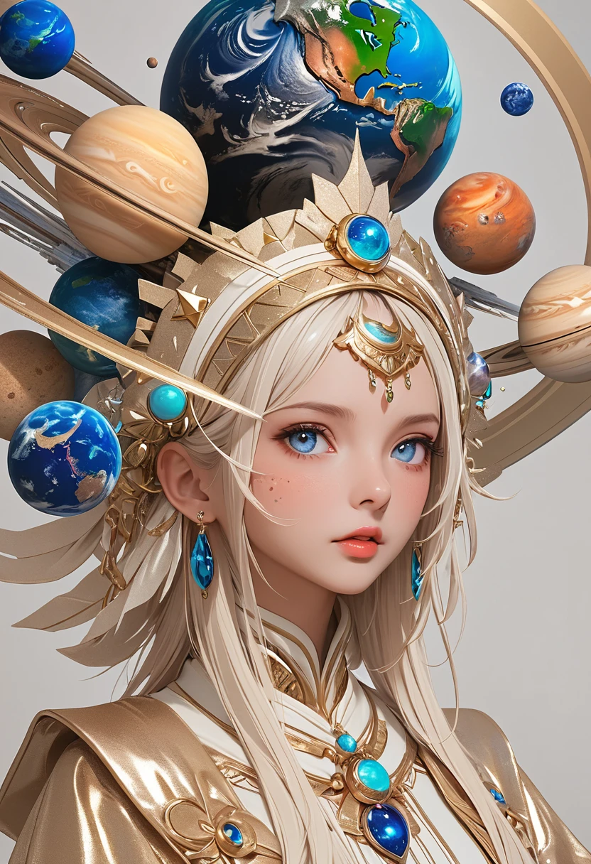 (masterpiece, best quality:1.2), 1 beautiful girl,Exquisite facial features,Bright Eyes,Skin details,Exaggerated planet headdress,track,Clean background