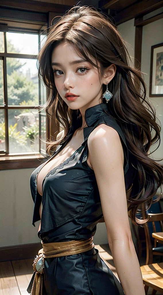 （masterpiece）， Highest quality， One girl， Middle finger， solo， blue eyes， Brown Hair， Long white hair， Medium Breast，Cleavage， Lips parted， Sexy black shirt， gem， View your viewers， Protruding nipples、Earrings， Manicure， Plain shoulders and feng shui、Perfect Arms、Facial features、Sexy