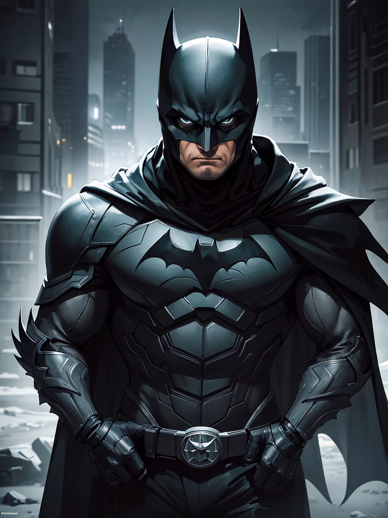 A detailed, highly realistic portrait of Batman, wearing a dark gray and black armored suit, cowl, and cape, with intense focus on his brooding expression, piercing eyes, and chiseled facial features, set against a dimly lit, moody Gotham City backdrop, dramatic shadows and highlights accentuating the character's stoic determination, a masterpiece of photorealistic quality, cinematic lighting, and dark, gritty atmosphere.