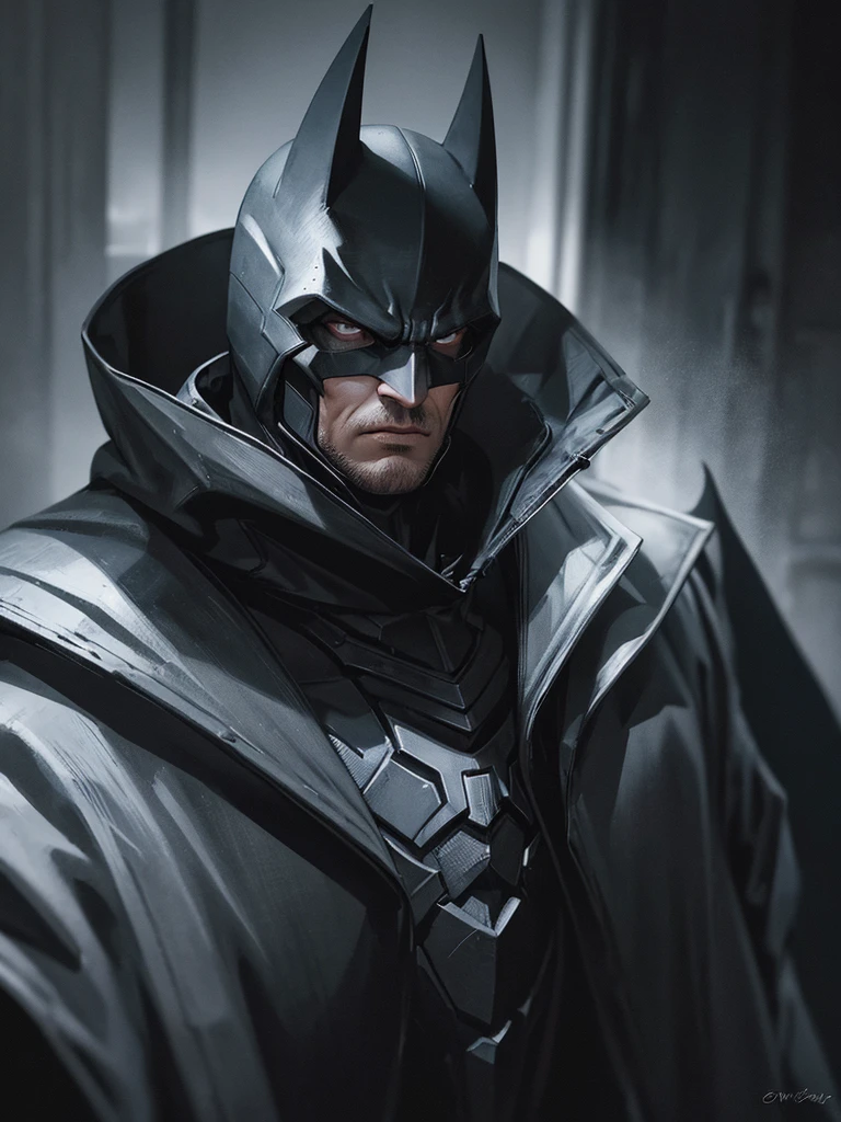 A detailed, highly realistic portrait of Batman, wearing a dark gray and black armored suit, cowl, and cape, with intense focus on his brooding expression, piercing eyes, and chiseled facial features, set against a dimly lit, moody Gotham City backdrop, dramatic shadows and highlights accentuating the character's stoic determination, a masterpiece of photorealistic quality, cinematic lighting, and dark, gritty atmosphere.