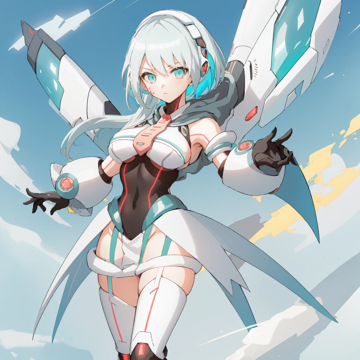 ico_megamanxdive, 1girl, blue eyes, solo, white hair, android, large breasts, black gloves, short hair, thighhighs, necktie, high quality, masterpiece, standing with green flames coming from a tree