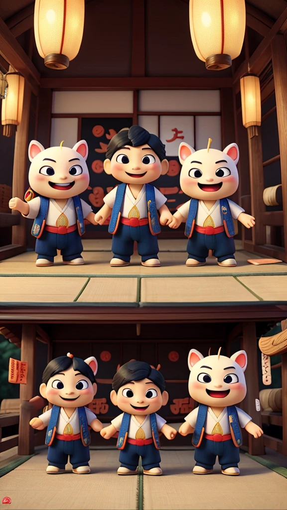 people々The happy yokai are taking a commemorative photo.