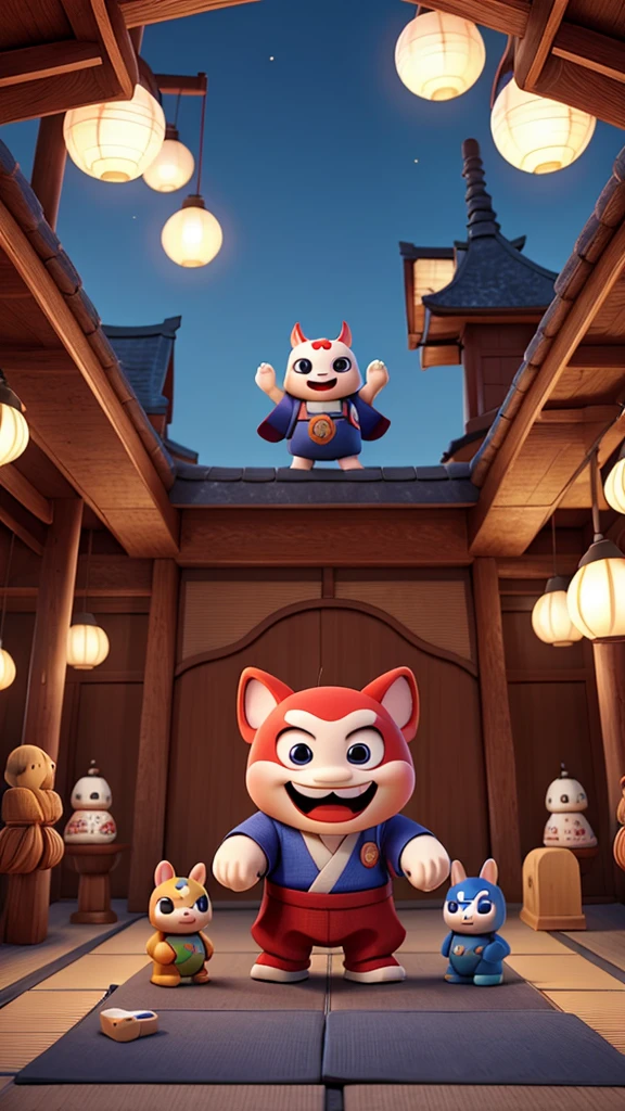 people々The happy yokai are taking a commemorative photo.