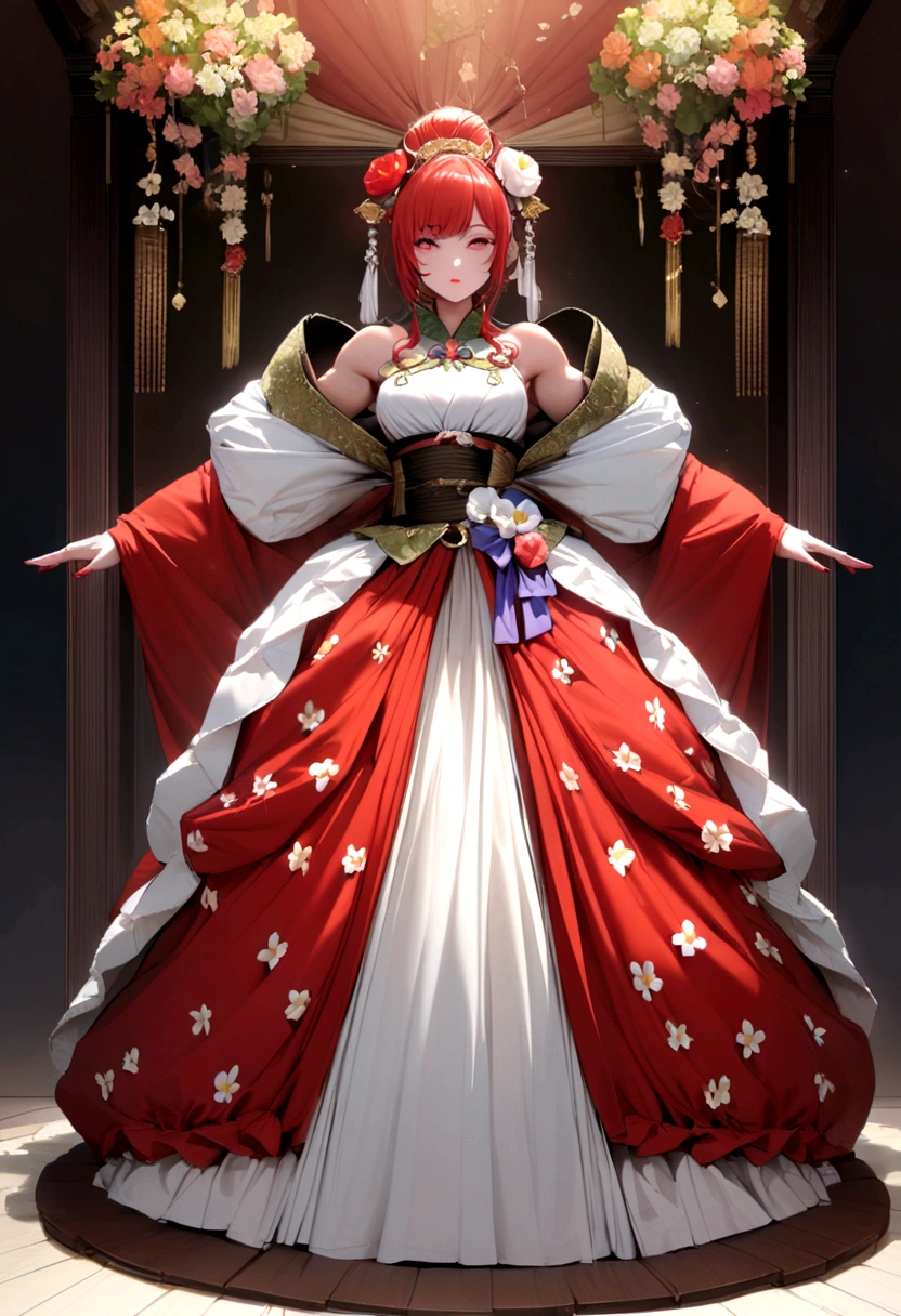 Man red hair protective muscular full body, a geisha poses next to him, a woman's flowered dress