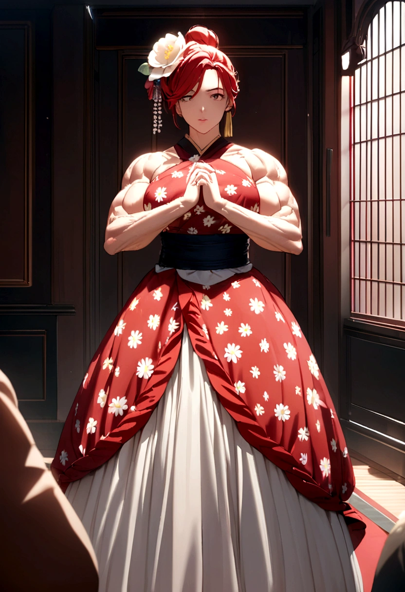 Man red hair protective muscular full body, a geisha poses next to him, a woman's flowered dress