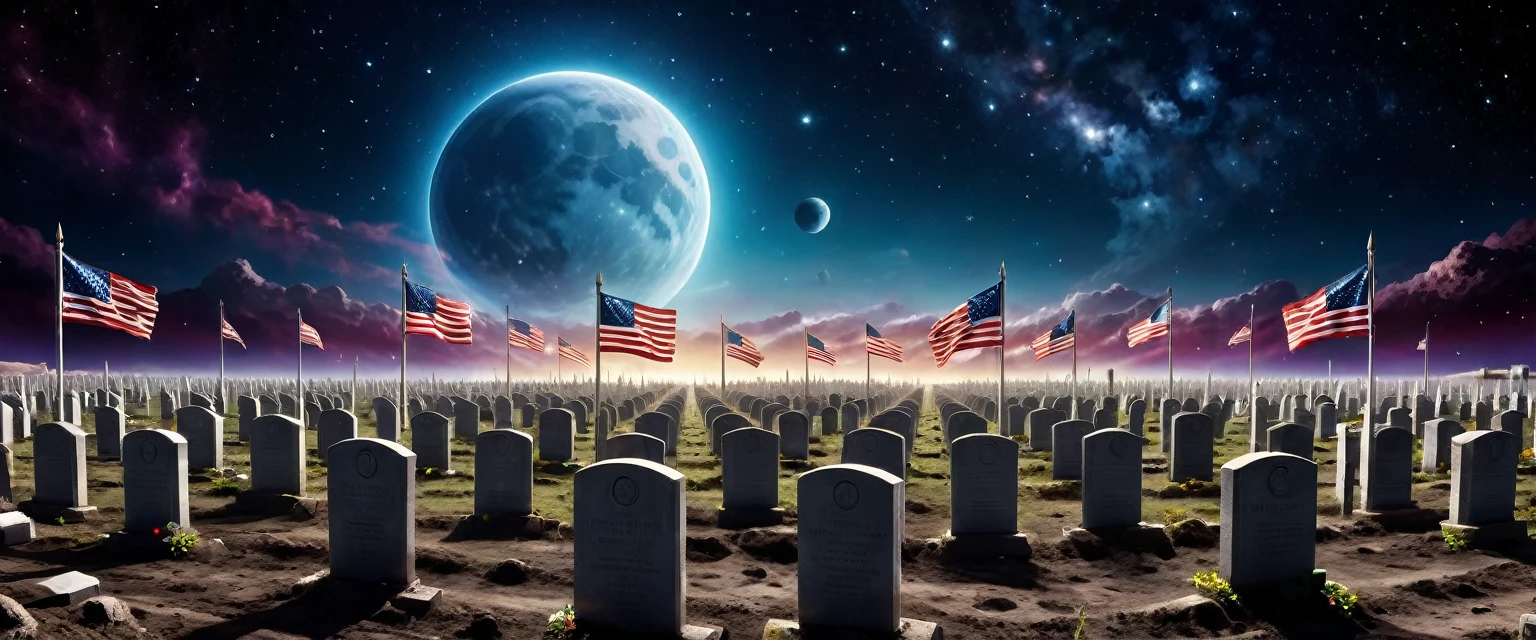there is  a military graveyard built on the moon, many tombstones in rows (tombstones are identical in shape and color) and lines, (there is flag being raised: 1.4), in honor of the fallen. the graveyard is based on the moon, you can see the earth in the background and some stars in space, vibrant, Ultra-high resolution, High Contrast, (masterpiece:1.5), highest quality, Best aesthetics), best details, best quality, highres, ultra wide angle, 16k, [ultra detailed], masterpiece, best quality, (extremely detailed)