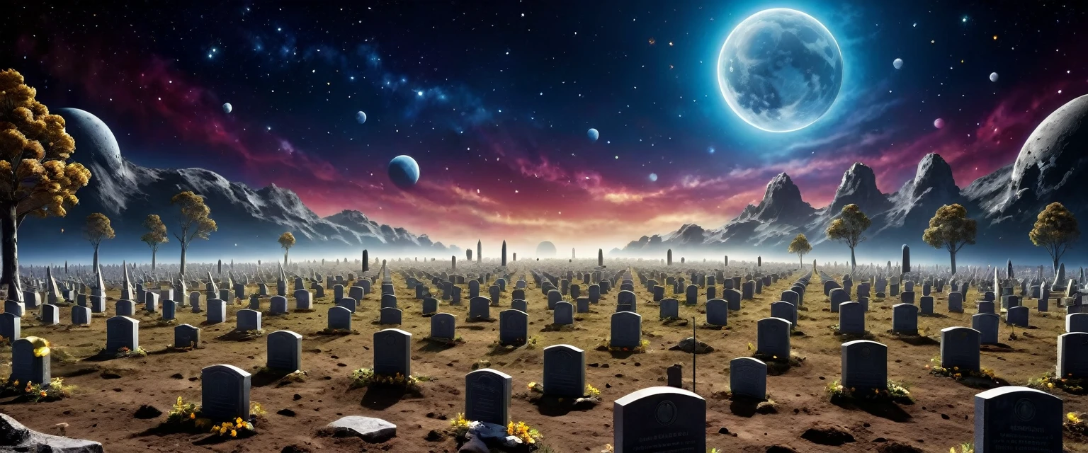 there is  a military graveyard built on the moon, many tombstones in rows (tombstones are identical in shape and color) and lines, (there is flag being raised: 1.4), in honor of the fallen. the graveyard is based on the moon, you can see the earth in the background and some stars in space, vibrant, Ultra-high resolution, High Contrast, (masterpiece:1.5), highest quality, Best aesthetics), best details, best quality, highres, ultra wide angle, 16k, [ultra detailed], masterpiece, best quality, (extremely detailed)