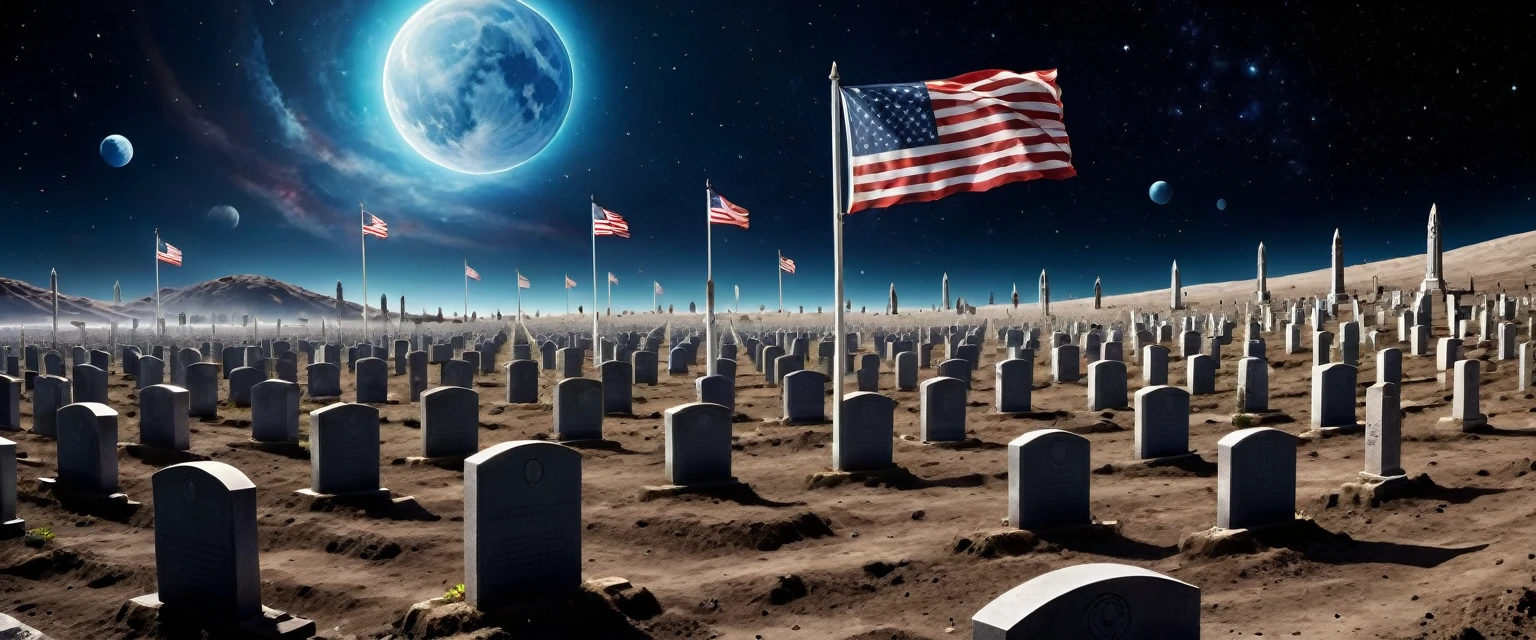 there is  a military graveyard built on the moon, many tombstones in rows (tombstones are identical in shape and color) and lines, (there is flag being raised: 1.4), in honor of the fallen. the graveyard is based on the moon, you can see the earth in the background and some stars in space, vibrant, Ultra-high resolution, High Contrast, (masterpiece:1.5), highest quality, Best aesthetics), best details, best quality, highres, ultra wide angle, 16k, [ultra detailed], masterpiece, best quality, (extremely detailed)
