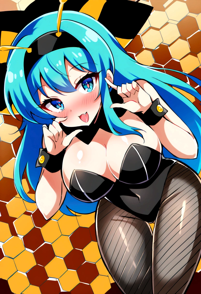 score_9, score_8_up, score_7_up, score_6_up, source_anime, 1girl, solo, lum, long hair, bangs, blue hair, blue eyes, horns, aqua hair, eyeshadow, hairband, antennae, bee costume, black leotard, wrist cuffs, fake insect wings, fishnet pantyhose, an apiary, against the backdrop of many beehives, whole mouth filled with honey, licking honey from fingers, look at viewer, big breasts, blush, fang, perfect fingers, 5 fingers, perfect hands, (horny), (flirtatious look),