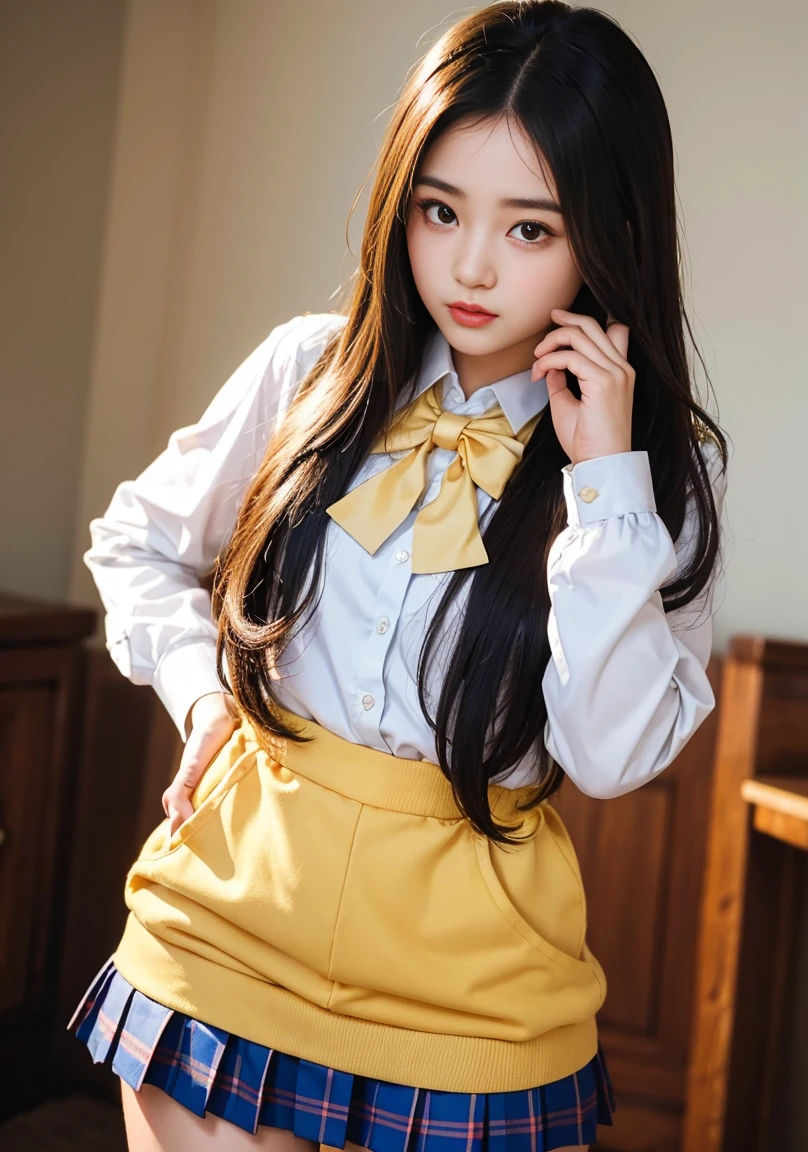 Highest quality))、(masterpiece:1.3)、RAW Photos、8K、(Best image quality)、(Highest Resolution)、Beautiful face in every detail、Realistic、Photorealistic、(The most beautiful woman:1.3)、(Best Women:1.3)、high school girl、(Small face)、Long Hair、Straight hair、、(high school girl uniform)、(The prettiest girl)、(Queen Bee:1.3)、(The cutest girl)、(She&#39;s out of my control)、(The most beautiful girls in school:1.3)、(Bedroom:1.3)、(Extravagant woman:1.3)、(school queen:1.3)、(With bangs)、(bed)、((18 year old beauty))、Beautiful Hair、Long neck、tie、Everyone praises、summer、Short sleeve、Red cheeks、(Big eyes)、necklace、Cute hairstyle、[[[smile]]]、clock