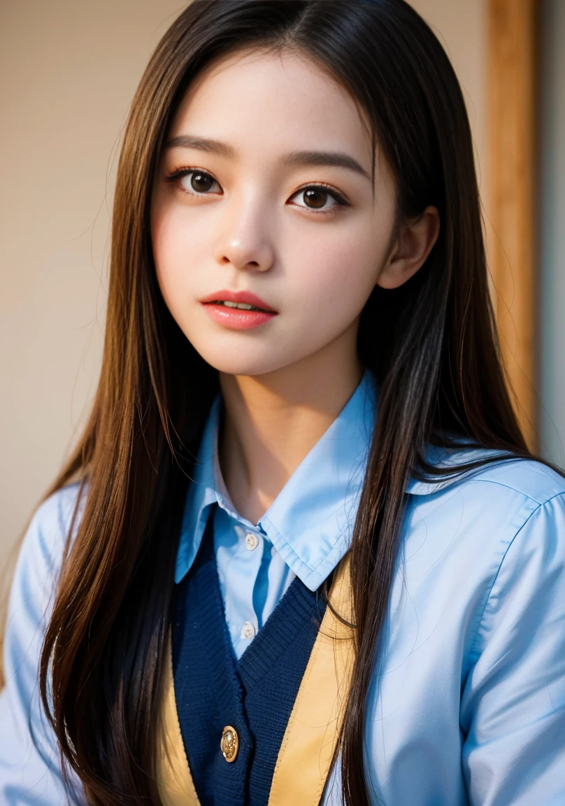 Highest quality))、(masterpiece:1.3)、RAW Photos、8K、(Best image quality)、(Highest Resolution)、Beautiful face in every detail、Realistic、Photorealistic、(The most beautiful woman:1.3)、(Best Women:1.3)、high school girl、(Small face)、Long Hair、Straight hair、、(high school girl uniform)、(The prettiest girl)、(Queen Bee:1.3)、(The cutest girl)、(She&#39;s out of my control)、(The most beautiful girls in school:1.3)、(Bedroom:1.3)、(Extravagant woman:1.3)、(school queen:1.3)、(With bangs)、(bed)、((18 year old beauty))、Beautiful Hair、Long neck、tie、Everyone praises、summer、Short sleeve、Red cheeks、(Big eyes)、necklace、Cute hairstyle、[[[smile]]]、clock