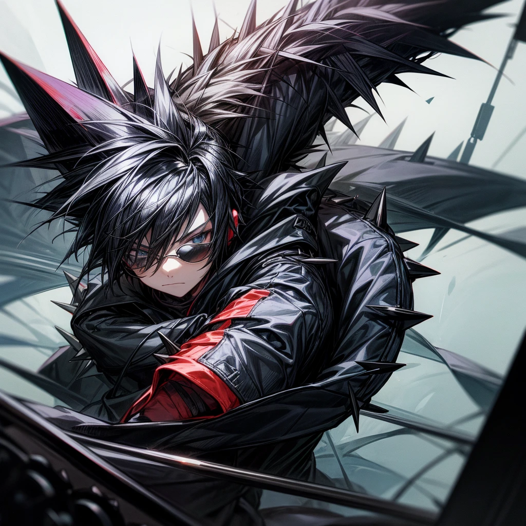 Create a 10 year old boy who has a black jacket with black spiky hair, sunglasses and black headphones with spikes 