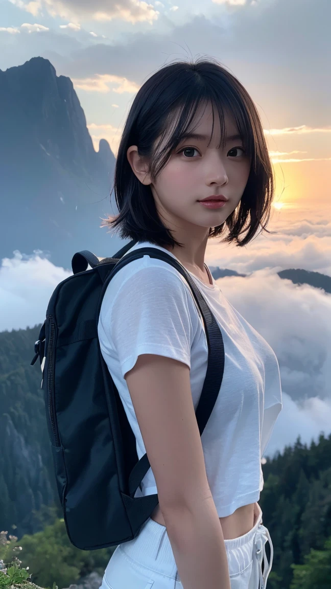 Highest quality, masterpiece, Ultra-high resolution, (Realistic:1.3), RAW Photos, (Nature landscape photography), (Majestic Mountain々The summit of the, sea of clouds), (On top of a very large mountain), (sunset), (One Girl), (Upper Body), (20-year-old), (smile:0.9), (Shiny skin), (short hair, Dark brown hair), (White T-shirt), (Casual shorts), (Carry a large backpack on your back), (Ultra detailed face), (Super beautiful poop), (Highly detailed eyes), (Highly detailed nose), (Highly detailed mouth), (Very skilled hands), (Super-detailed body), Sony a7, 85mm lens, f9.0, Pan Focus
