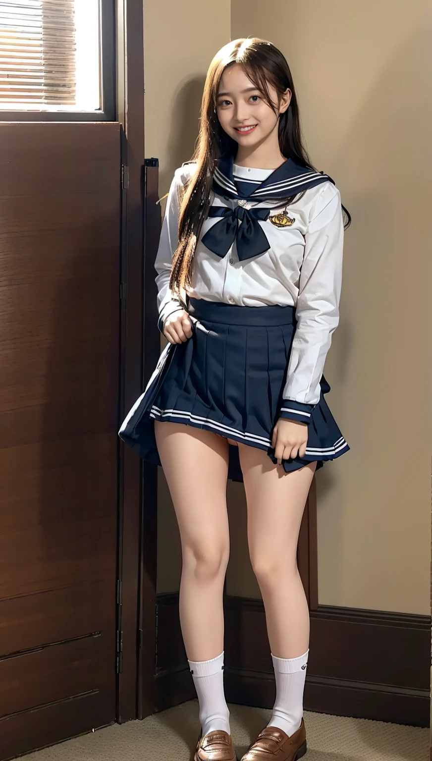 ((highest quality、8k、masterpiece:1.3)),(((((fullbody shot))))),Ultra-high resolution,big eyes,Japanese,forehead,bangs,(a girl),(1 girl),((20 years old)),((facing at viewer)),(long hair),(((black sailor uniform))),(grin),((standing)),(loafers),((pleated mini skirt)),(((pussy))),((skirt lift)),((indoors))