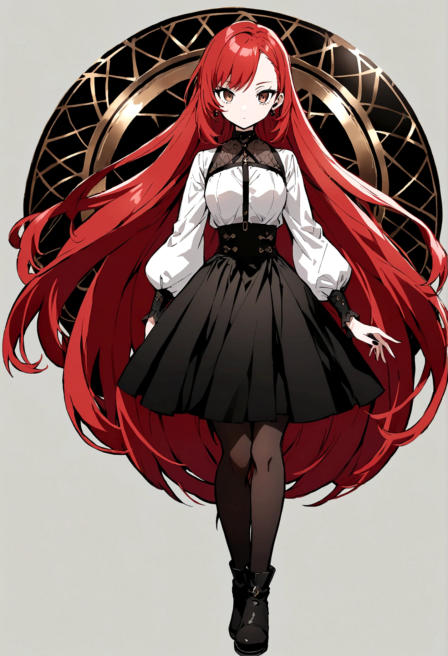 anime style  girl with long reddish-red hair, brown eyes, fair skin, black eyeliner, with a black thin-strap blouse over a white blouse with medium sleeves and a black skirt with transparent black tights and black boots