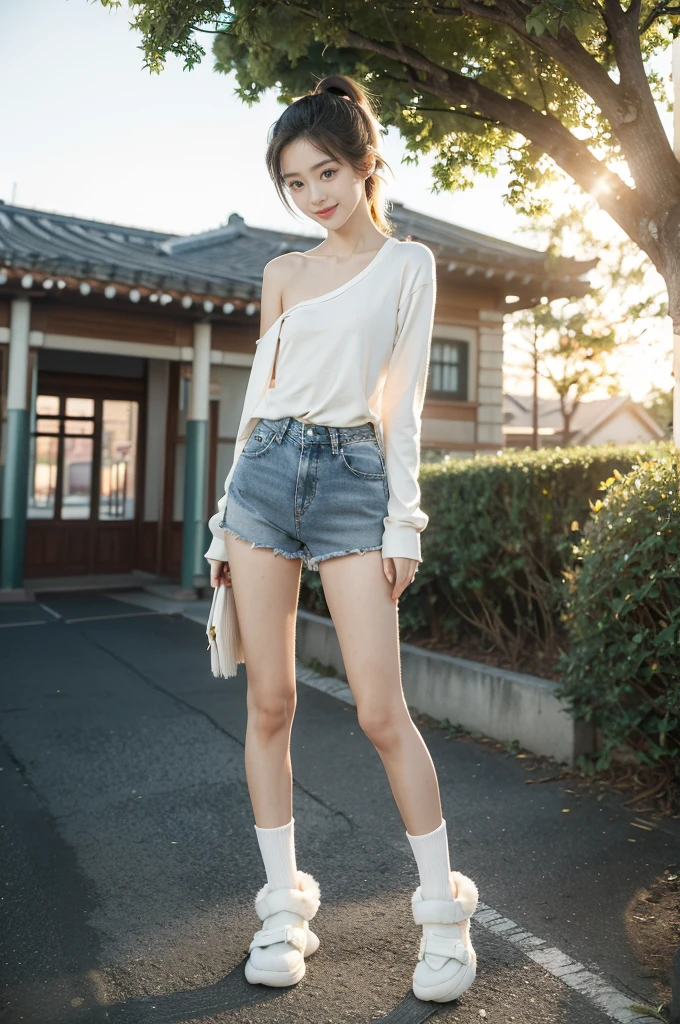 (((best quality))),(((ultra detailed))),(((masterpiece))),illustration,((1 beautiful girl,solo)),((slim,thin)),((small breasts,flat chest)), outside school gate, summer twilight, sunlight,(short ponytail:1.3),((white long-sleeved shirt)),(clavicalis:1.3),((denim shorts,slender legs,white socks,slippers)),animated face, excited eyes, sounds of laughter, chatter, excitement of summer vacation, air filled with energy, school gate golden glow, symbol of end of academic year, schoolyard transformed, reunion, farewells, embracing setting sun, face illuminated, moment captured, fleeting instant, essence of summer, carefree spirit, youthful exuberance, embodiment of season, sun dips, rosy glow, joy of living,promise of adventures,((standing,from front,full body)),(surrounded by crowded crowds:1.3)