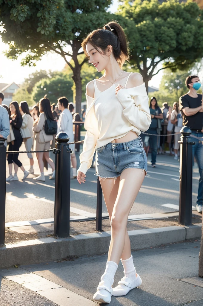 (((best quality))),(((ultra detailed))),(((masterpiece))),illustration,((1 beautiful girl,solo)),((slim,thin)),((small breasts,flat chest)), outside school gate, summer twilight, sunlight,(short ponytail:1.3),((white long-sleeved shirt)),(clavicalis:1.3),((denim shorts,slender legs,white socks,slippers)),animated face, excited eyes, sounds of laughter, chatter, excitement of summer vacation, air filled with energy, school gate golden glow, symbol of end of academic year, schoolyard transformed, reunion, farewells, embracing setting sun, face illuminated, moment captured, fleeting instant, essence of summer, carefree spirit, youthful exuberance, embodiment of season, sun dips, rosy glow, joy of living,promise of adventures,((standing,from front,full body)),(surrounded by crowded crowds:1.3)