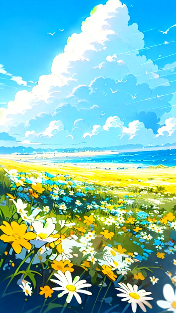 No humans, outdoor, flower, landscape, site, sky空, white flower, sky, horizon, ocean, flower site, yellow flower, colorful flowers, blue sky空, daisy, landscape, cloud, water, (illustration:1.0), masterpiece, best quality,